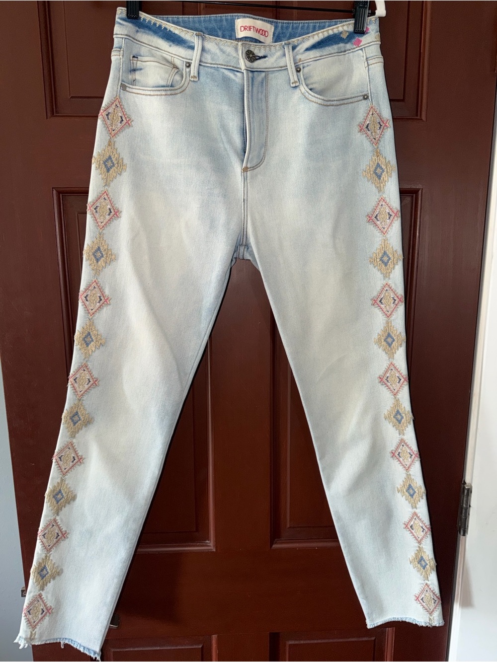 DRIFTWOOD Light Wash Skinny Jeans with Embroidered Side Diamonds